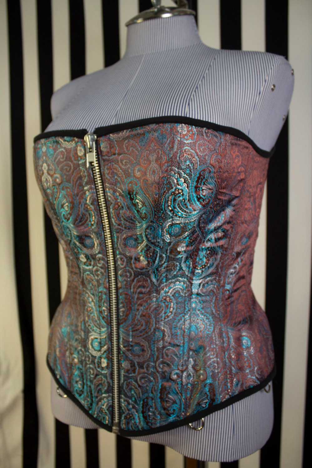 Corset Overbust Steampunk Neo-Victorian Cincher 30 blue brown brocade