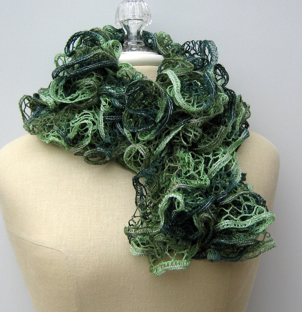 Serene green scarf fashion frilly ruffle spiral vegan soft handknit knit