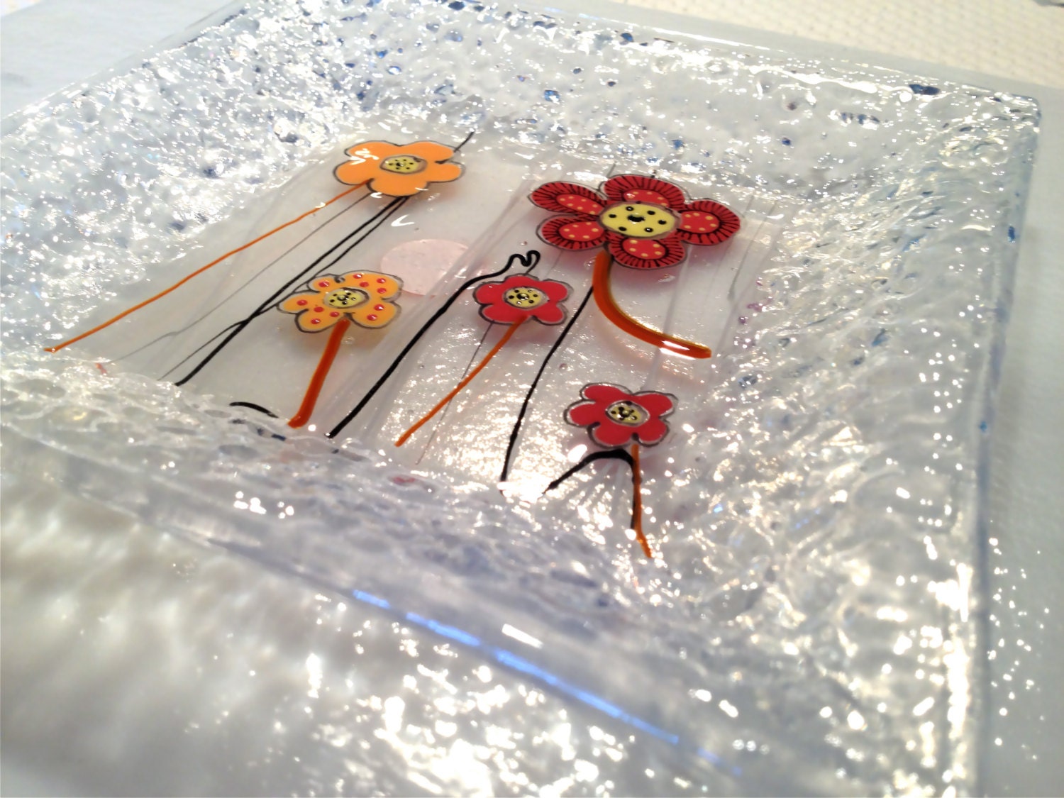 Fused Glass Dish: Orange Cartoon Flowers
