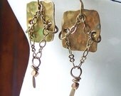 Etsy, Etsy Jewelry, Hand Hammered Brass Squares with Copper Bead Earrings, Square Brass Earrings, Metalwork