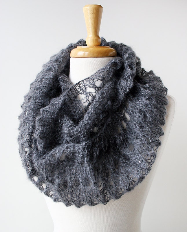 Women Fashion - Infinity Hand-Knit Scarf with Sequins - Mohair and Silk Cowl Snood Scarf - Charcoal Grey - ElenaRosenberg