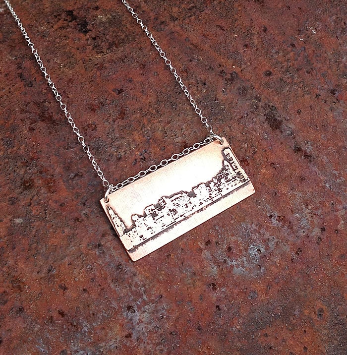 Chicago Illinois city skyline etched copper pendant with sterling silver chain handmade gift for her