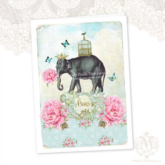 Elephant, Greeting Card, Paris, blue butterflies, bird cage, pink roses, gold crown, vintage wallpaper, blue, bird, gold crown