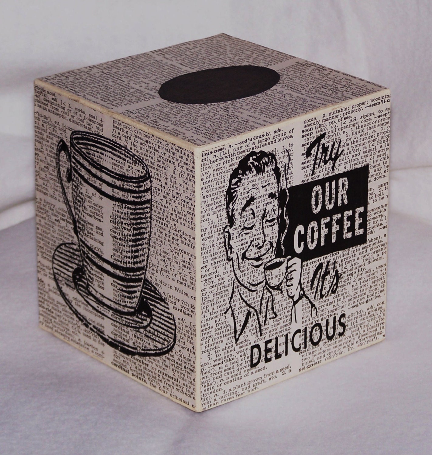 Tissue Box Cover, Kitchen Art, Coffee, Coffee Cup, Advertisment,  Vintage Book Page, Winterberry Cottage