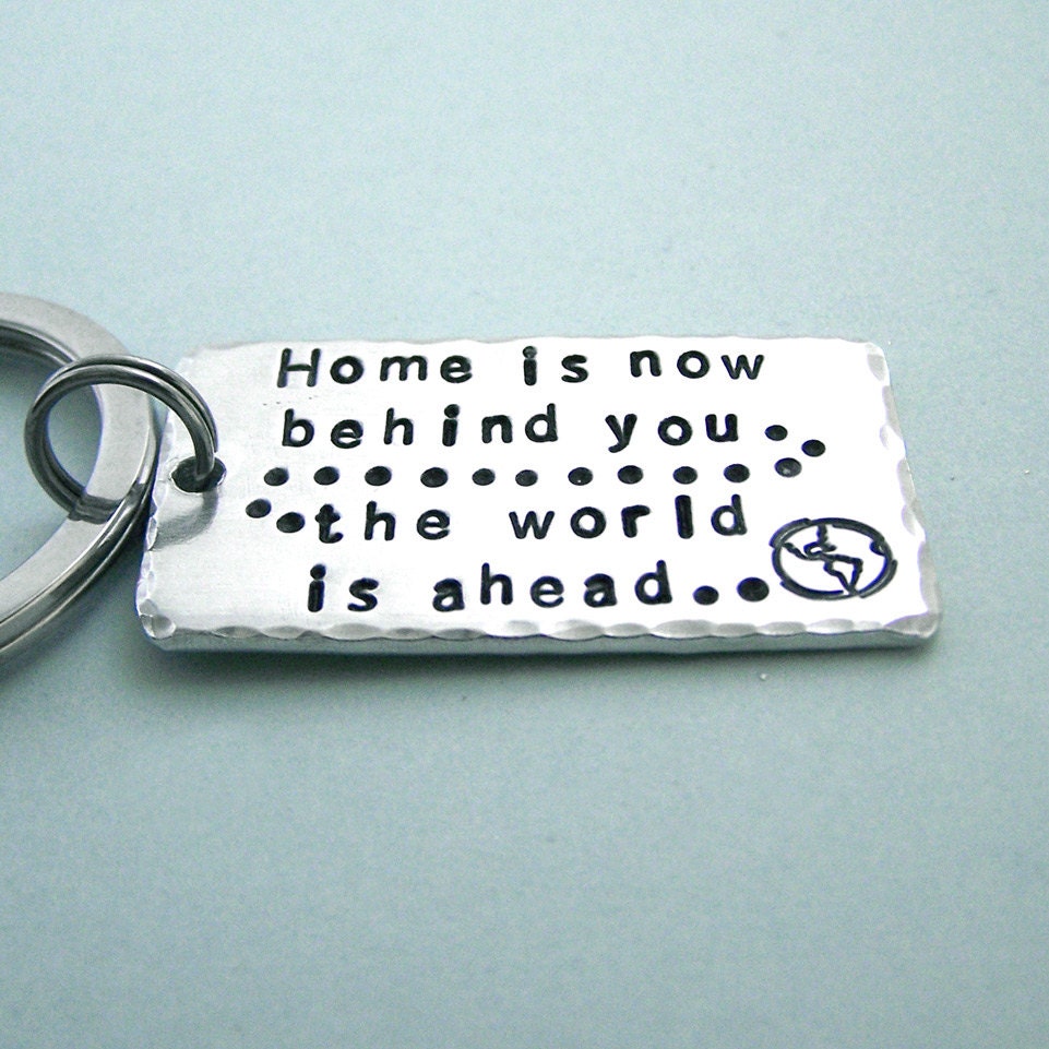 The World is Ahead - Graduate Gift - Aluminum Key Ring - Hand Stamped