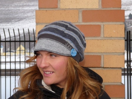 Jax Hats made from upcycled sweater in SMALL grey and blue angora stripe