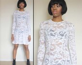 S M Vintage 80s Sheer Drop Waist Stretch to Fit  White Lace Dress