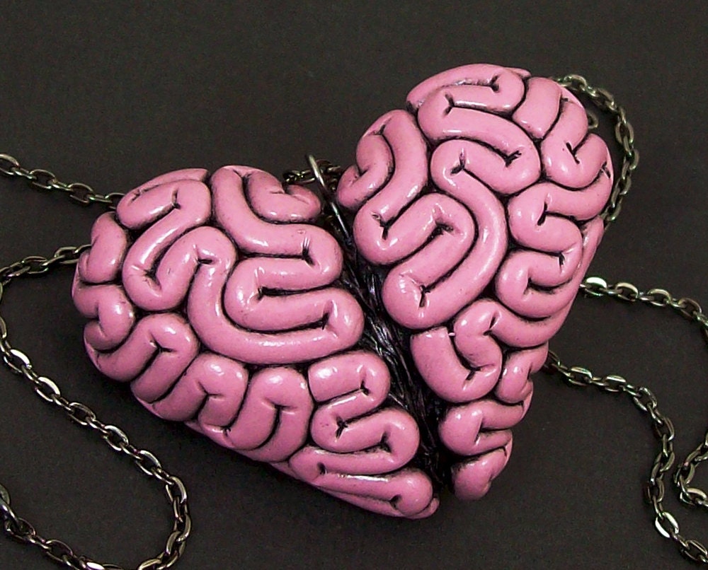 I Heart Brains Necklace in Pink, Brain Heart Jewelry