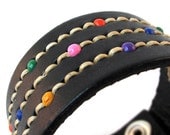 Black Leather Cuff Bracelet Wristband with Stitching and Colorful Beads, EcoFriendly, Reclaimed Leather, Unisex, Unique, OOAK