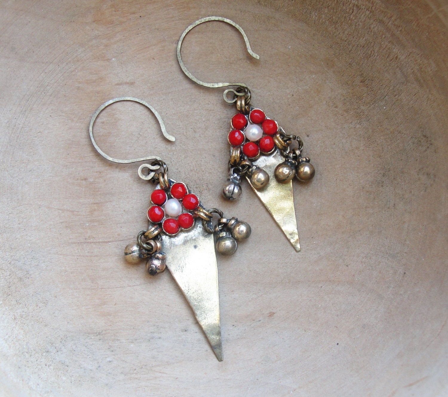 Gypsy Kuchi Earrings Coral Pearl handmade hammered finds Rustic Jewelry