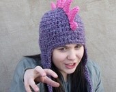 Crochet Hat - Adult Dragon Hat in Lilac with Bright Pink Spikes - Animal Hat for Women, Costume Beanie for Grown Ups