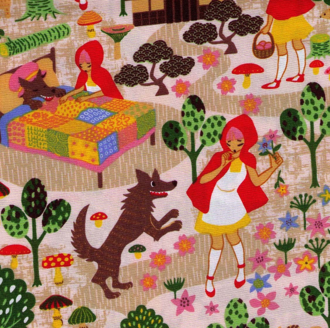 HALF YARD - Little Red Riding Hood on Cream - Kawaii Anime - Grandmother, Wolf, Woods, Grandmother's House, Mushrooms, Red Cape