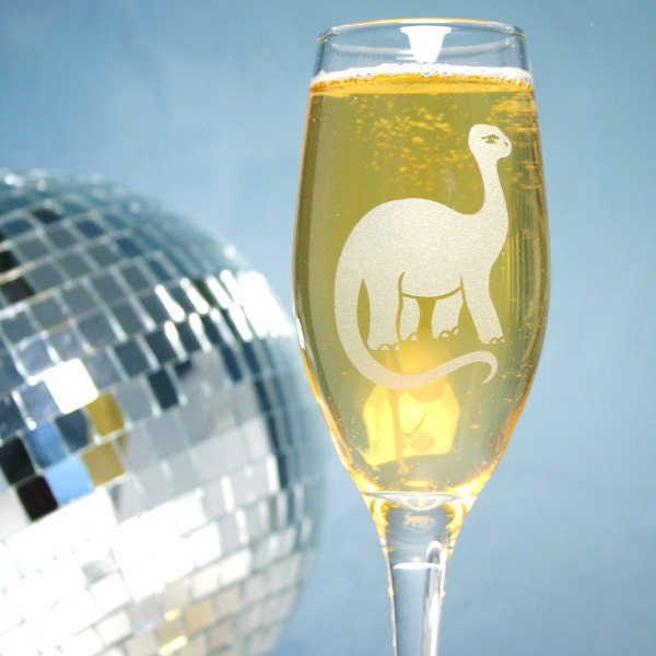 Brontosaurus Dinosaur Champagne Flute - etched wedding glassware
