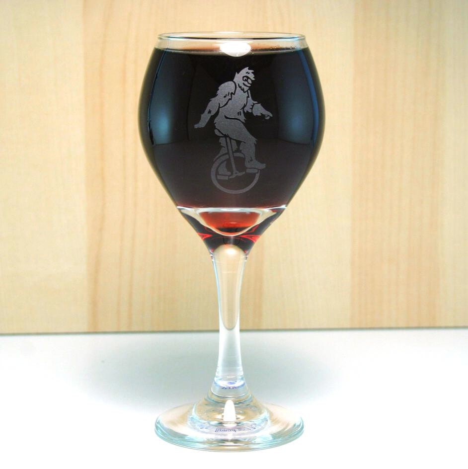 Sasquatch Etched Wine Glass - bigfoot unicycle yeti