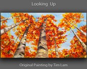 Abstract Painting Looking Up Forest Aspen Trees art Original huge modern Autumn Landscape acrylic on canvas by Tim Lam 48x24x1.5