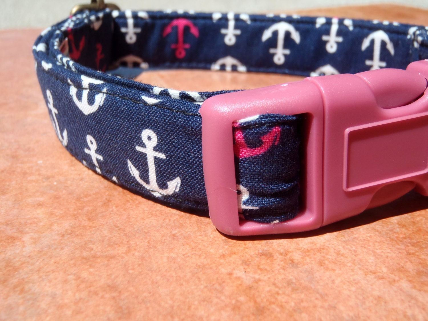 In the Navy - Organic Cotton MEDIUM Dog Collar Blue Pink Anchor Nautical - All Antique Brass Hardware