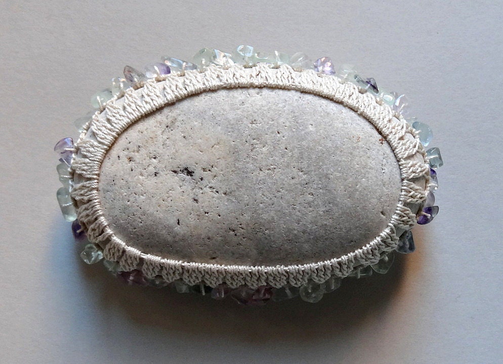 Art, Mixed Media, Crochet Lace Stone, Original, Tribal, Handmade, Light Gray Stone with Fluorite Bead Chips, Table Decorations, Wedding