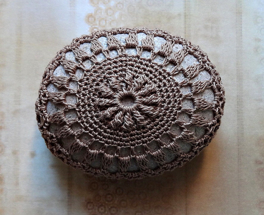Gift Ideas, Crochet Lace Stone, Art, Original, Home Decor, Collectible, Soft Brown Thread on a Brownish Gray Stone, Handmade