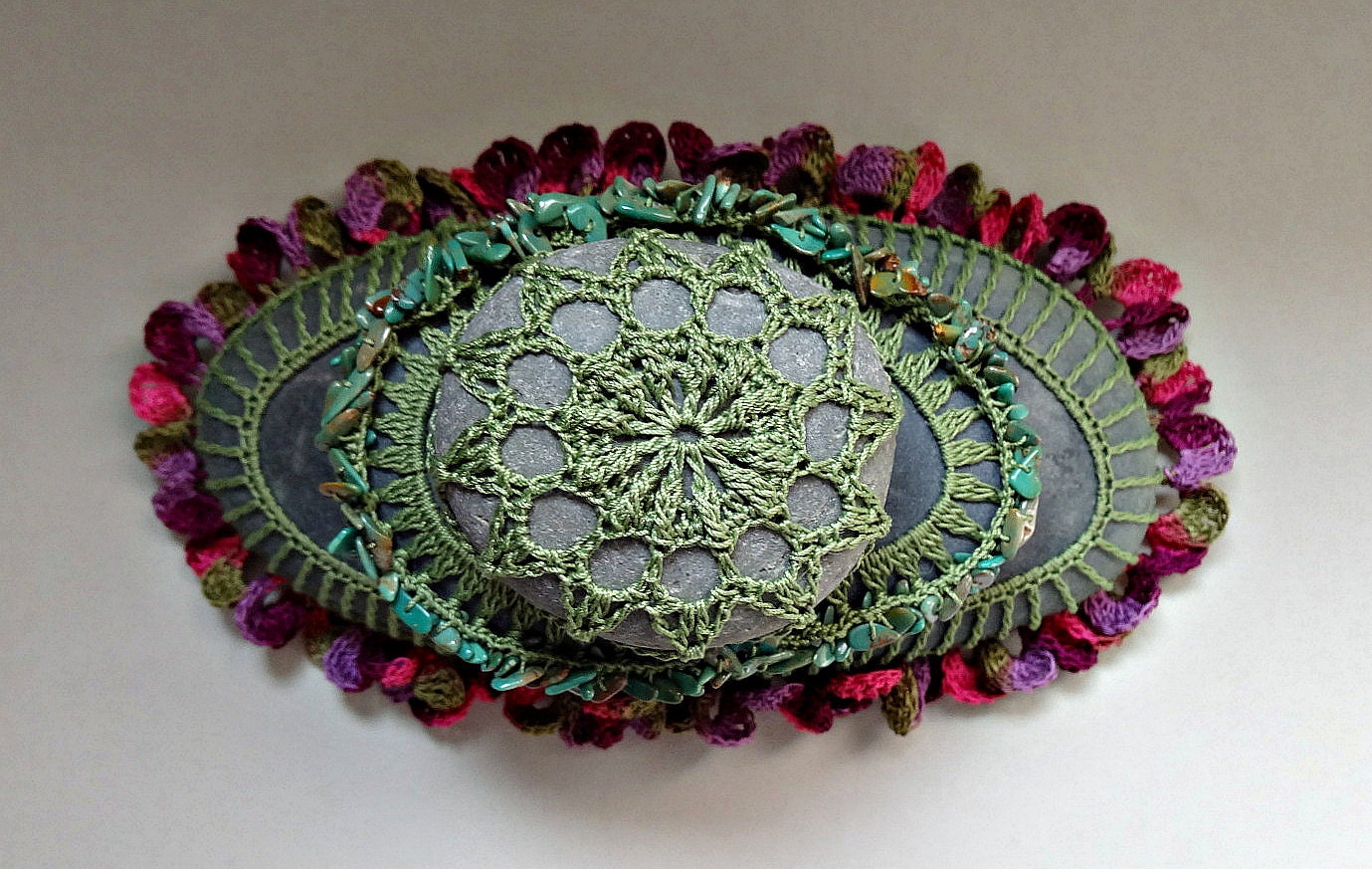 Art, Home Decor, Crochet Lace Stone, Green Thread, Original, Handmade, Collectible, Table Decorations, Nature