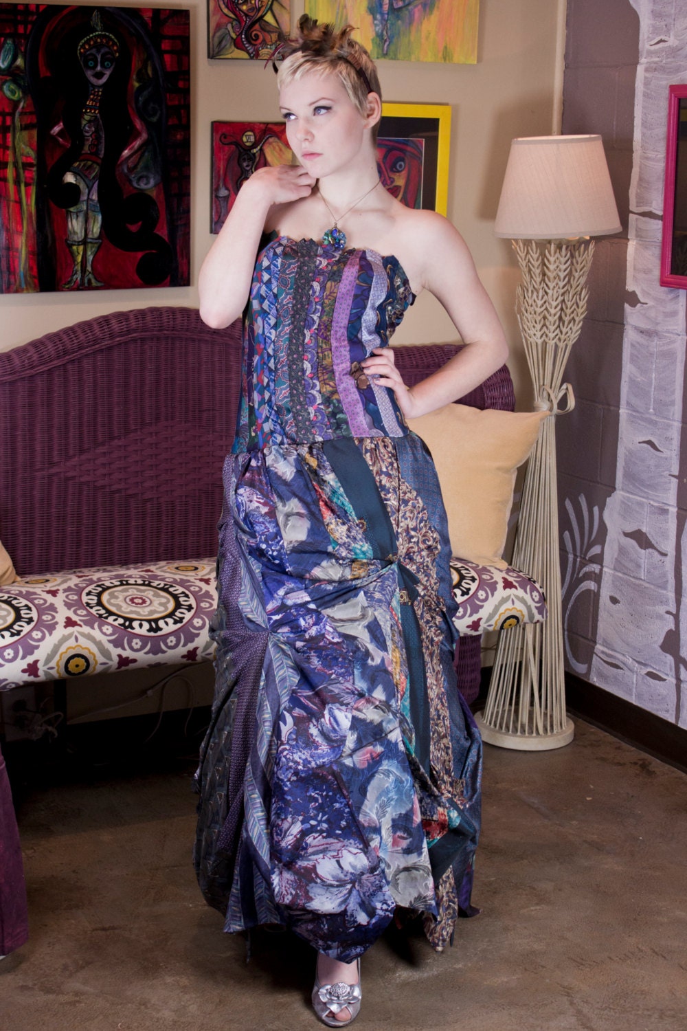 Glamarita Formal Flowy Necktie Ballgown in Peacock Blues and Greens Size Medium READY TO SHIP