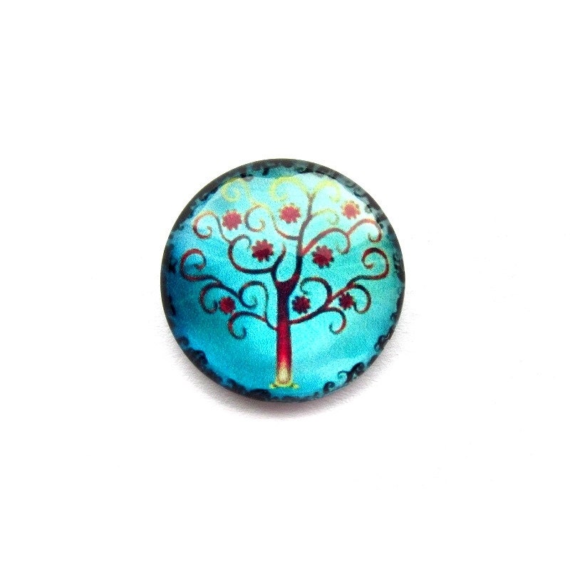 Handmade Glass Tree Cabochon, 20mm, Turquoise Blue and Red, Premium Quality: RHEA