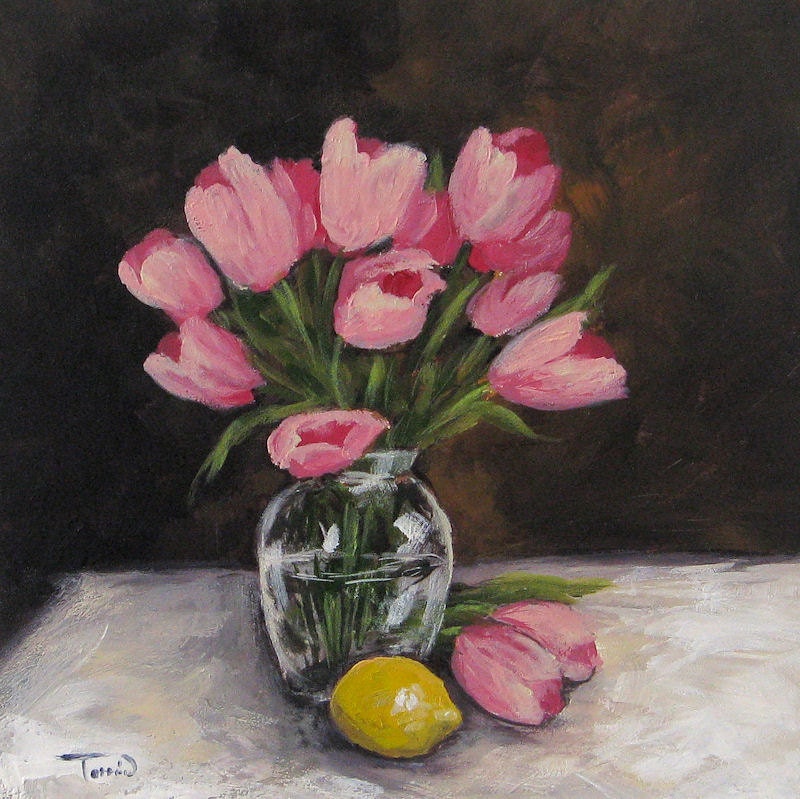 Tulips and Lemon  6" x 6" Original Painting on Ampersand Gessobord by Torrie Smiley