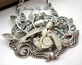 Steampunk Mechanical Winged Bug Necklace, High Quality Silver Ox Rope Chain, Intact Swiss Watch Gears, Insect on Spider Web Jewelry