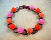 Flower Bracelet, Hot Pink Rose Cabochon and Copper Beaded Bracelet, FREE Shipping U.S.
