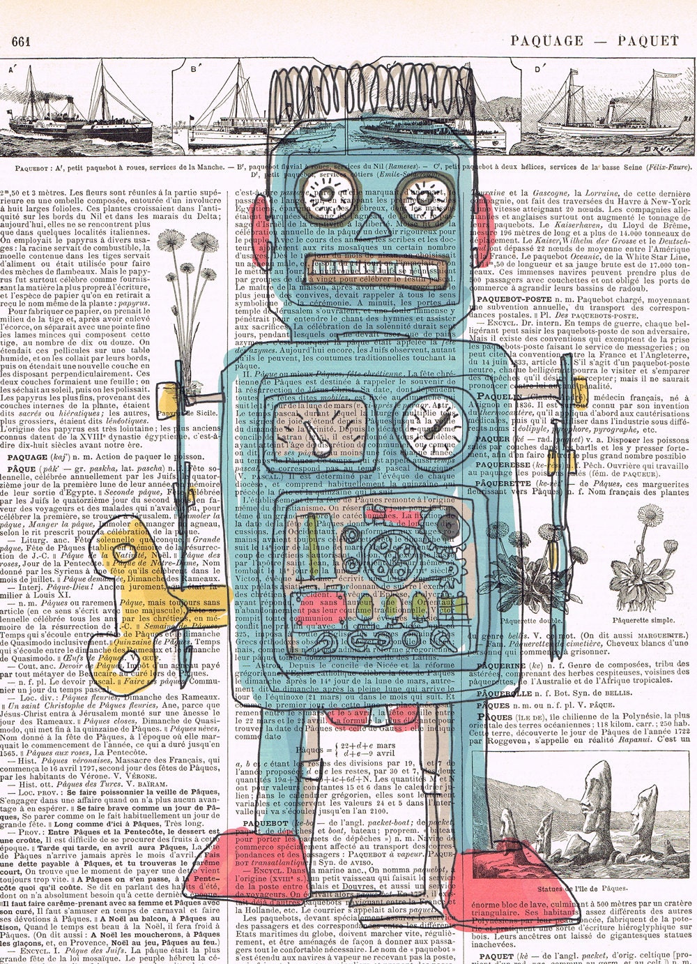 blue,Robot.child.Gift.Monster.Mechanical wind up,Vintage TOY.old school. Book Page Print / Home Deco.birthday.art.retro.fathers day