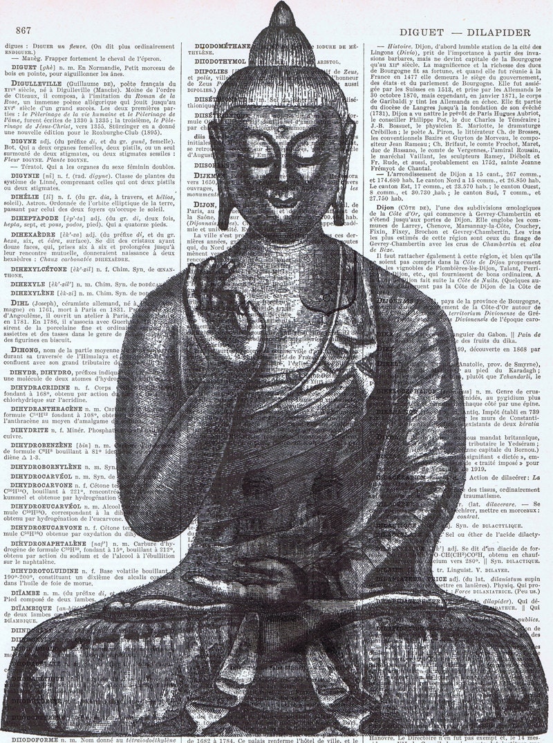 Buddha.meditate.yoga.Birthday, Gift, Repurposed, altered Book Pages Prints.home decor,mixed media, Buy 3 get 1 FREE, French.mom.dad.sis