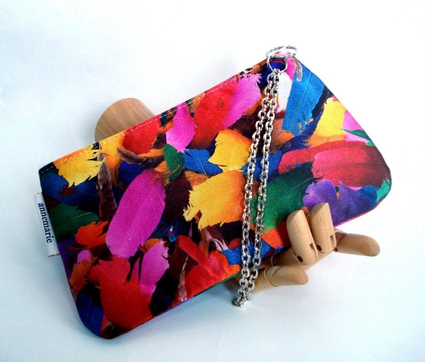 Wristlet, iPhone Case, Small Purse, Feathers, Disco Style, Handmade in Austin, Texas - annemariebeard