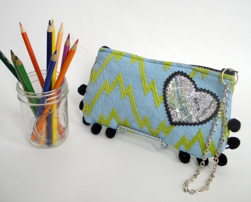 Heart of Texas Wristlet, Map of Austin, Green Blue Zig Zags, Handmade in Austin, Texas