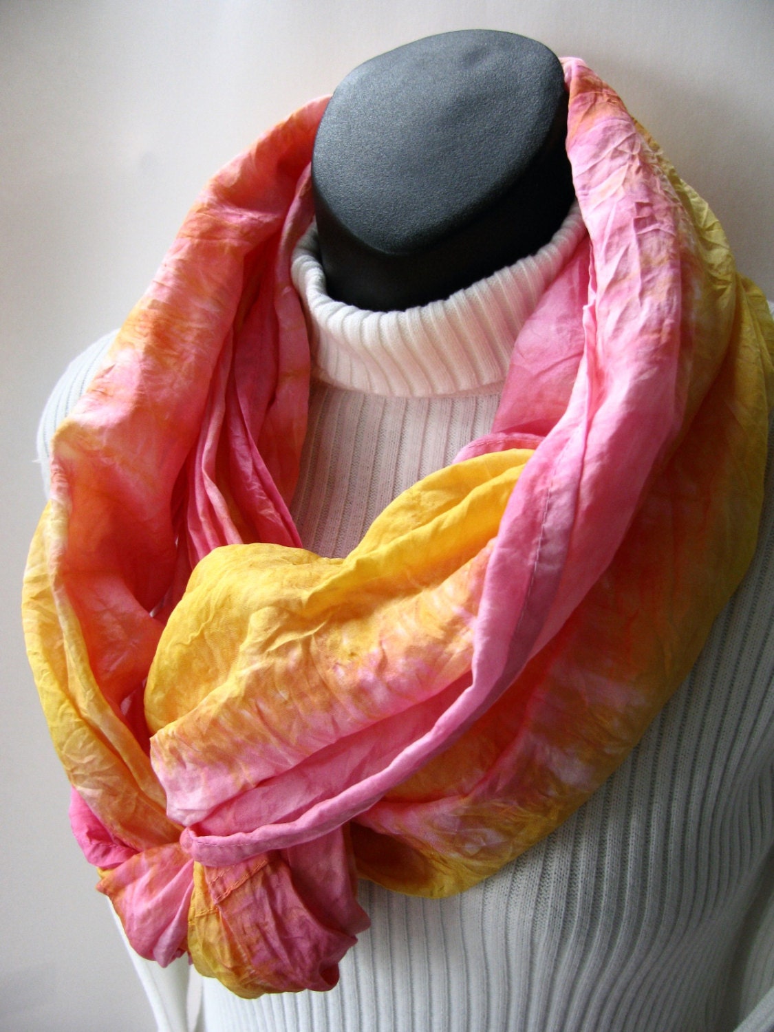 Hand Dyed Silk Infinity Scarf Pink Scarf Yellow Scarf Womens Scarf Spring Fashion Summer Scarf