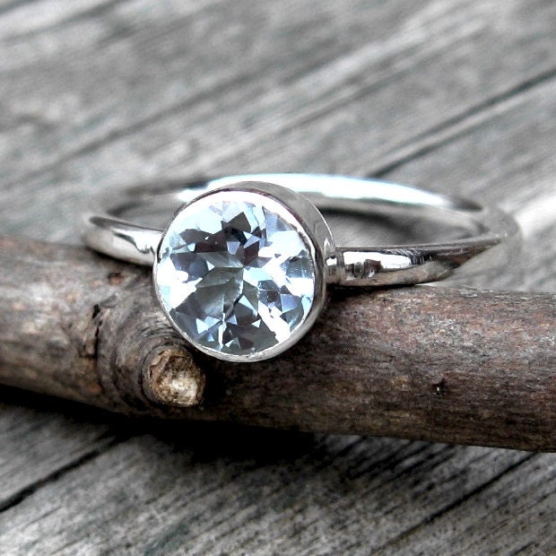 Aquamarine Ring ... March Birthstone 6mm Grade A Aquamarine sterling silver stacking ring