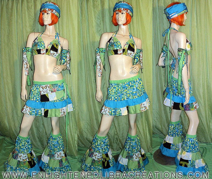 Patchwork Pixie Hooper Flow Outfit  - 8 Piece Costume - One of a Kind - S/M - Hippie Patchwork Festival Skirt Top