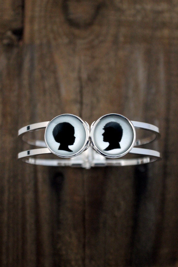 Silhouette Bracelet - Customized Silver Bracelet with 2 Personalized Cameos - Great for Mothers Day, Valentines Day, Mom of Twins, Kid Photo