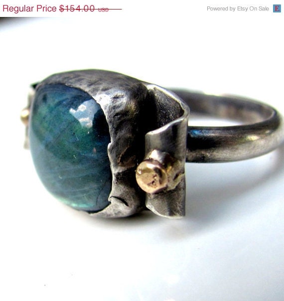 20% off sale reserved Blue stone ring, unique statement ring, blue fire Labradorite Ring, handmade sterling silver, recycled 14K gold, size