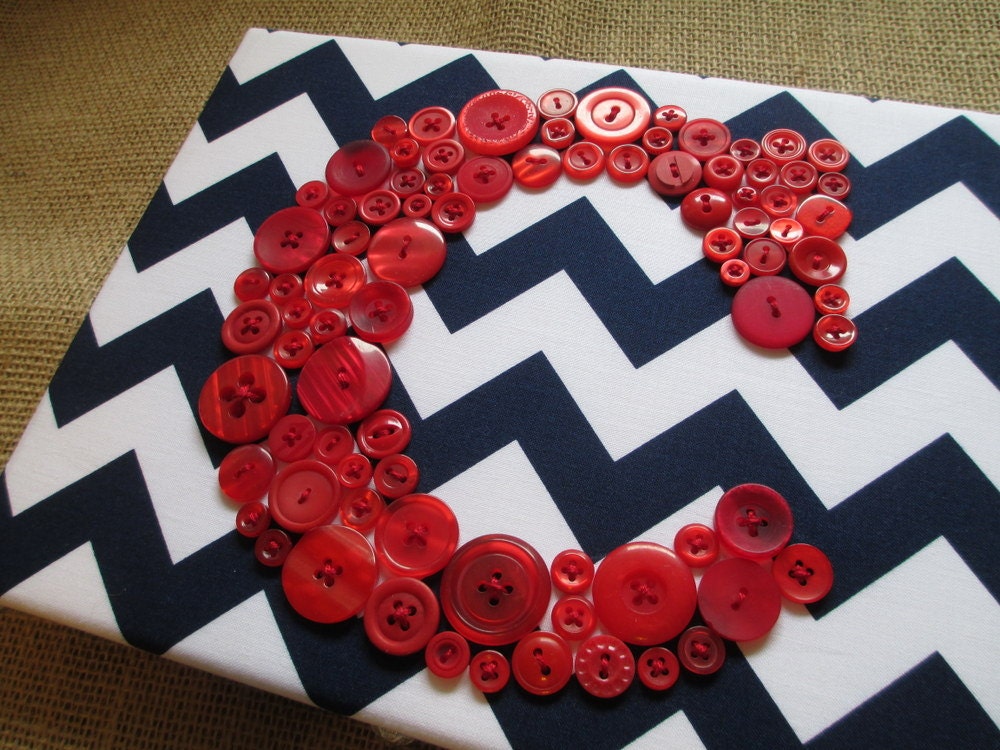 Baby Boy Nursery Art, Children Wall Art, Red White Blue, Nautical, Button Letter, Button Monogram on Chevron Canvas
