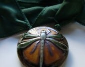 Dragonfly Porcelain Pendant on Forest Green Silk Ribbon