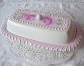 BUTTER Dish Shabby Chic Cream White PINK Roses ECS schteam sct SVFteam