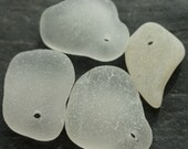 Sea glass Beach Glass Drilled, beach found for jewelry making, beach glass 4 pcs white