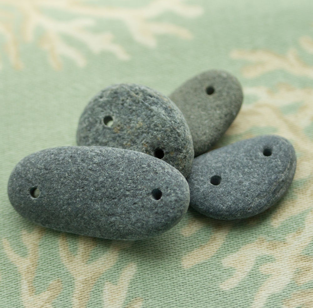 Alaska River Stone buttons or links, 4 pcs hand drilled, Sewing notions, Jewelry making beads