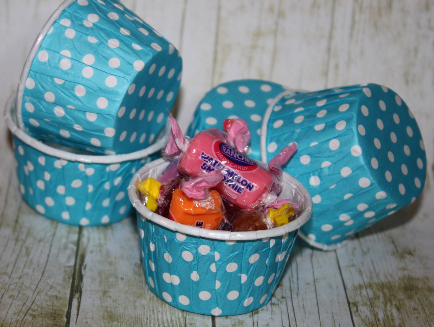 Aqua Polka Dot Paper Cups Nut, Bake, Dessert, Ice Cream set of 24 Il_170x135