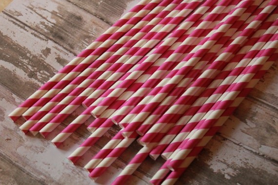 Fuschia Party Straws -- Set of 20 Pinkish Purple Stripes Paper Drinking Il_570xn