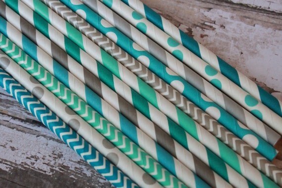 Grey and Aqua Straws -- Set of 20 -- caribbean, gray, turquoise Il_570xn