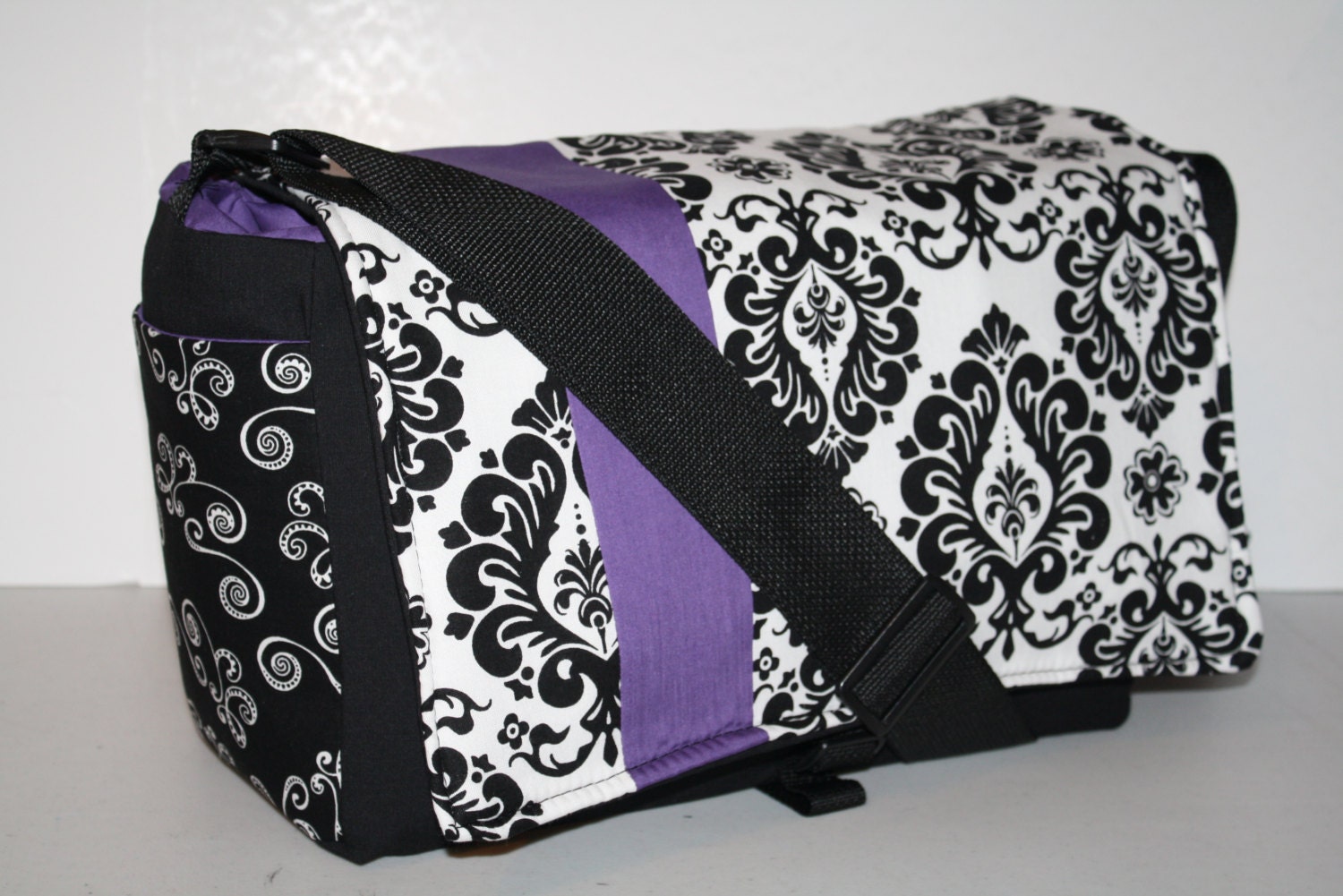 MESSENGER BAG Laptop Bag Diaper Bag Book Tote Purse  Bag  Damask Black White Purple Swirl