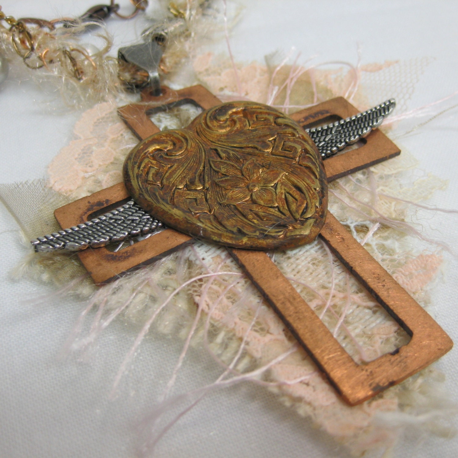 Shabby Chic /Mixed Metals/ Winged Heart/ Wire Beaded/ CrochetFiber Art / Cross Necklace