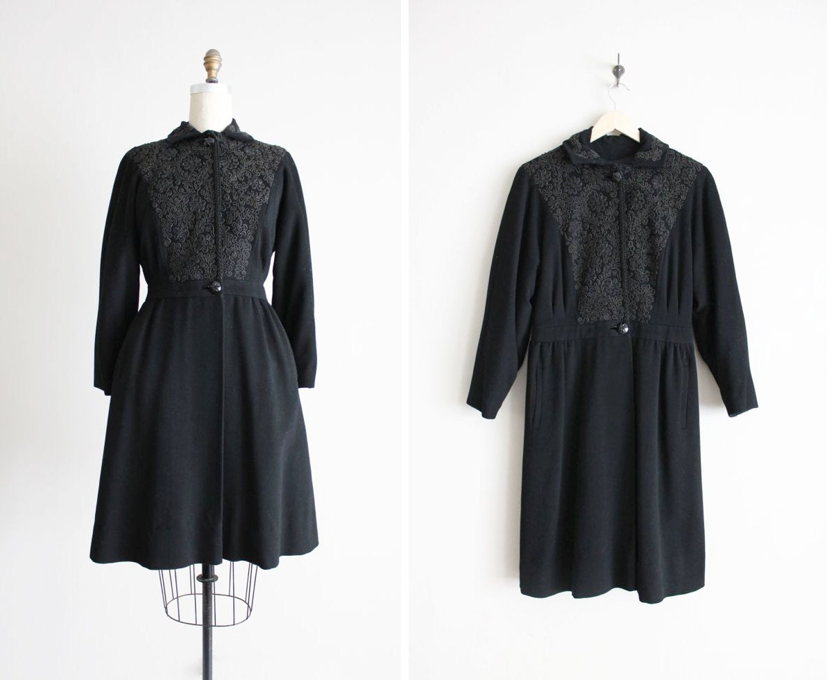 1940s princess coat / black beaded coat / fit & flare