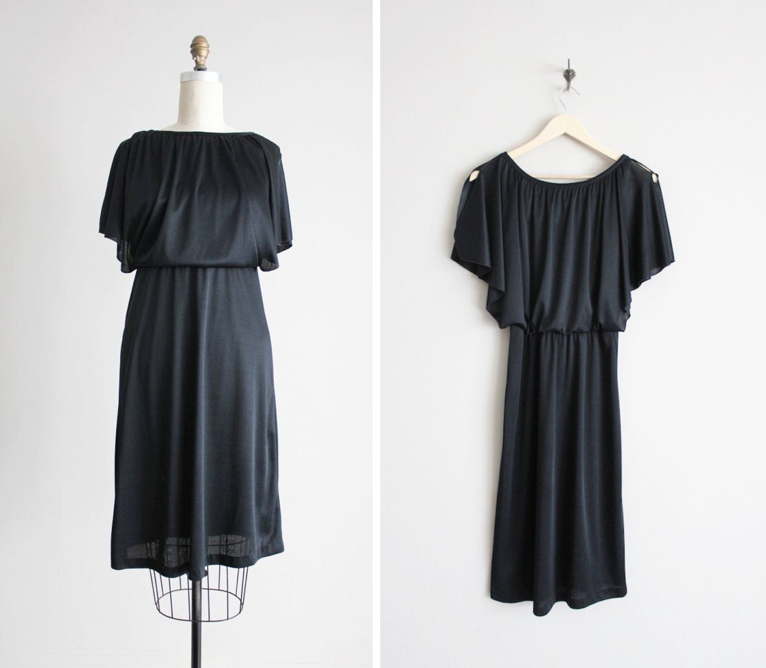 draped black dress / black jersey dress / split shoulder
