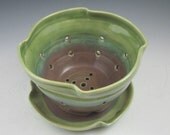 Handmade Ceramic Berry Bowl with Saucer, Stoneware Colander, Celadon and Eggplant  s236